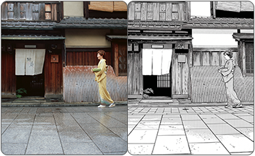 住宅街の写真と線画