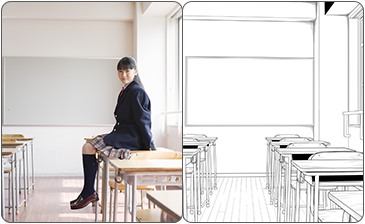 学校の教室の写真と線画